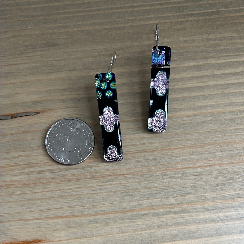 Handmade Black Dichroic Glass Drop Earrings with Pink Accents - Picture 4 of 5